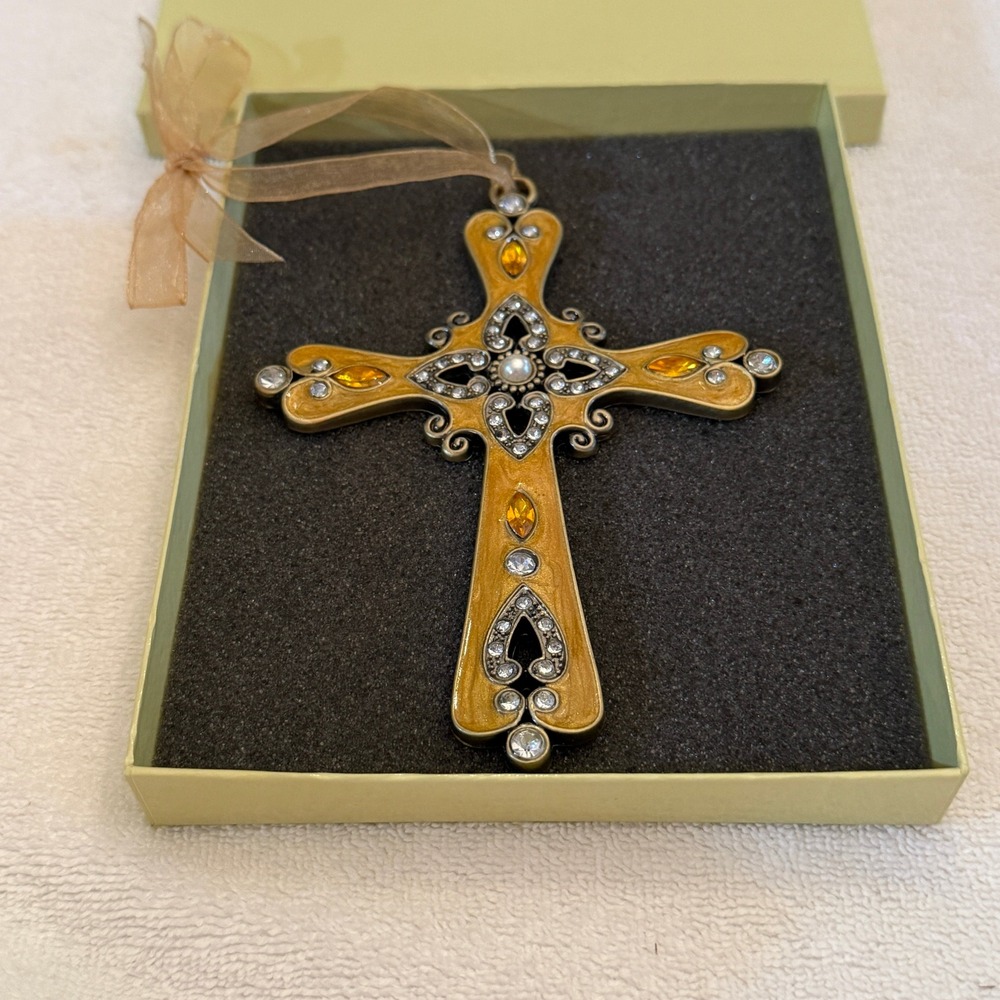 Kirklands Hanging Cross Ornament Yellow Enamel Rhinestone Excellent Ornate Boxed